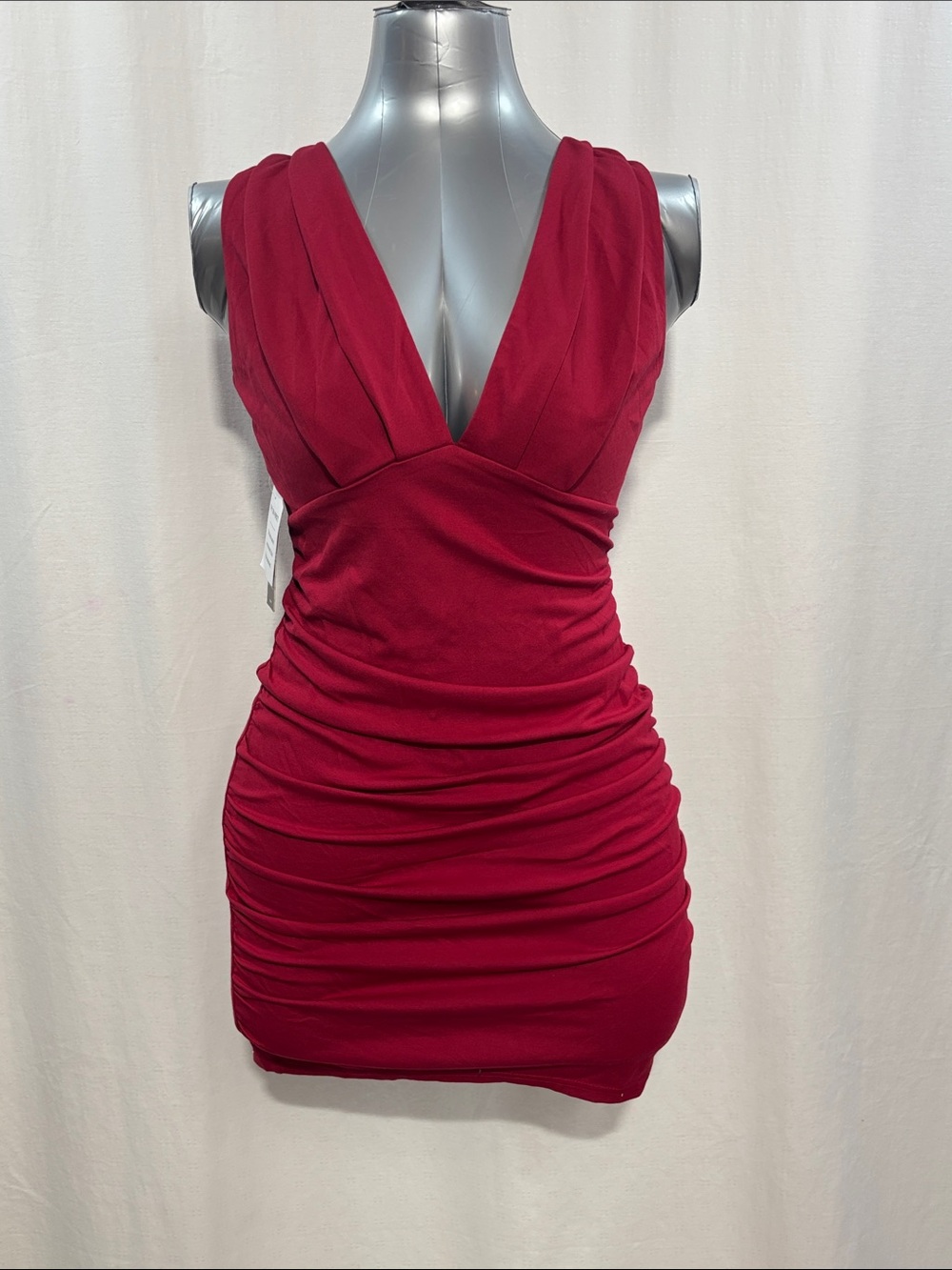 Sleeveless deep V-Neck Ruched Mini Dress Red - party date night wedding prom